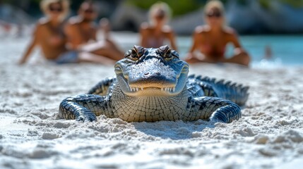 A crocodile rests on the warm sand of a beach while sunbathers enjoy the sunny weather and calm waters nearby