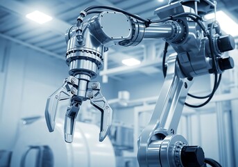 A detailed close-up view of a sophisticated industrial robot arm, highlighting its complex mechanism and precision engineering within a modern manufacturing facility.