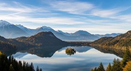Serene mountain lake, reflecting a tranquil island and surrounding hills, under a clear blue sky with wispy clouds.