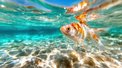 A colorful goldfish gracefully swims underwater, showcasing the beauty and tranquility of aquatic life, enhancing the viewer's appreciation for vibrant ecosystems.