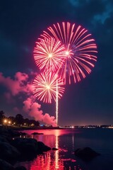 Stunning colorful fireworks illuminate the night , crackle, show, luminous