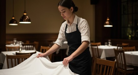 Obraz premium A woman preparing a restaurant for business is laying out a tablecloth on a table.