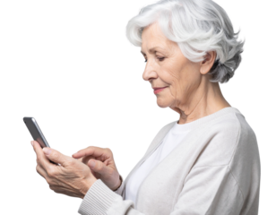 Side Profile of Senior Woman Browsing Social Media on Smartphone, Isolated PNG