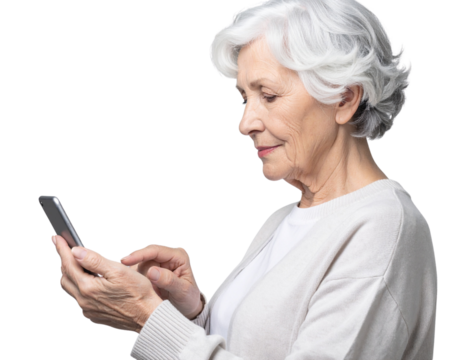  Side Profile of Senior Woman Browsing Social Media on Smartphone, Isolated PNG