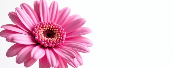 Fototapeta premium Vibrant pink gerbera daisy, petals unfurled, pure white backdrop , daisy, elegant, petals