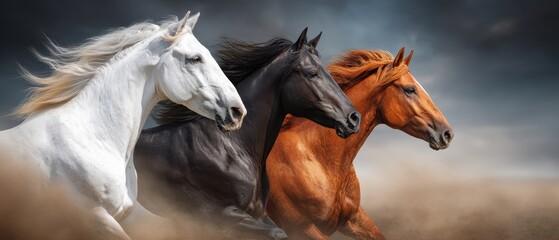 The Horses Running Together Across a Dusty Plain Under Dramatic Stormy Sky