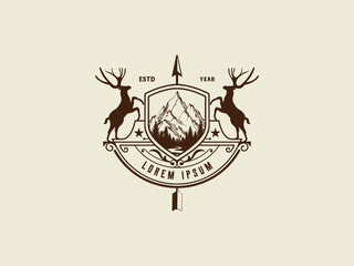 Shield deer,  arrowhead badge, emblem, for wilderness hunting adventure logo design vector
