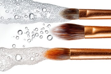 Step-by-step close-up sequence of makeup brush cleaning with clear water and foamy soap, isolated on transparent background for beauty guides, skincare tutorials, and hygienic cosmetic visuals
