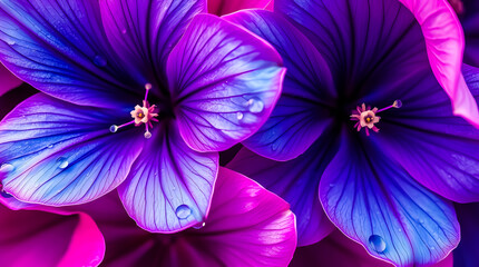 A beautiful macro close-up of vibrant purple and violet spring flowers blooming in a lush garden