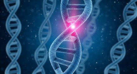 Detailed 3D model of a highlighted DNA strand within a cosmic backdrop.