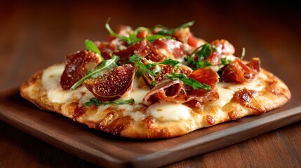 An artisanal pizza topped with ripe figs, savory prosciutto, and fresh arugula, served on a wooden platter, showcasing culinary artistry and gourmet deliciousness for food lovers.