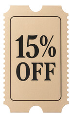 Beige coupon tag with 15% OFF discount in bold typography, effective retail promo offer on transparent background.