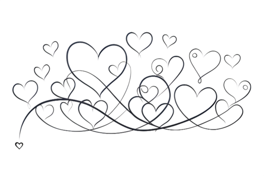 Abstract swirling heart design with a delicate, flowing line art style, isolated on transparent background