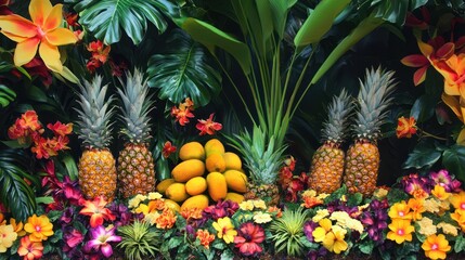Lush tropical arrangement featuring pineapples, mangoes, and vibrant flowers that exudes a summery