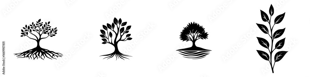 Poster creative illustrations of trees and leaves representing different styles and forms in harmony with n