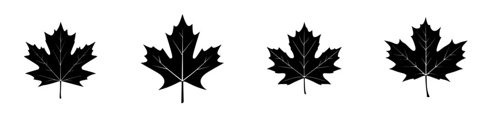 Naklejka premium Four black silhouette maple leaves in a row showcasing unique shapes and textures against a white background