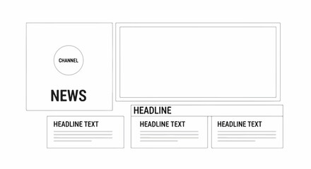 Professional and minimalist wireframe template for a digital news broadcast or online media website, featuring a main content area and headline article sections