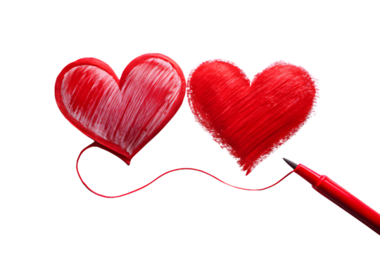 Two red hearts drawn with a red marker on a transparent background, symbolizing love and romance, isolated on transparent background