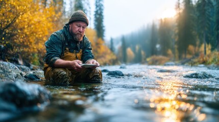 A rugged man connecting with nature while sitting in a serene river, surrounded by autumn colors, evoking peace and tranquility amidst the wilderness.