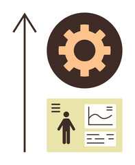 Upward arrow, gear symbol, and analytics dashboard highlight progress, strategy, and innovation. Ideal for data analysis, business growth, productivity, development success efficiency teamwork