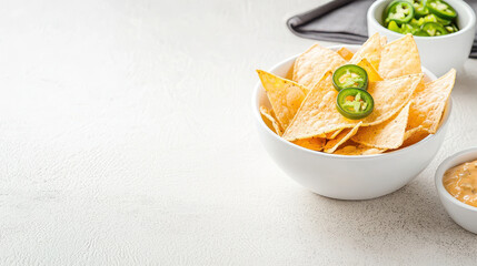 Crispy tortilla chips served in white bowl, garnished with fresh jalapeno slices, accompanied by small bowl of creamy dip. Perfect for snacking