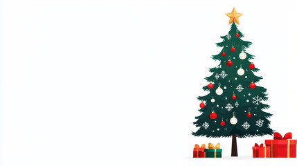 Naklejka premium Festive Christmas tree adorned with colorful ornaments and star on top, surrounded by beautifully wrapped presents, evokes joyful holiday spirit