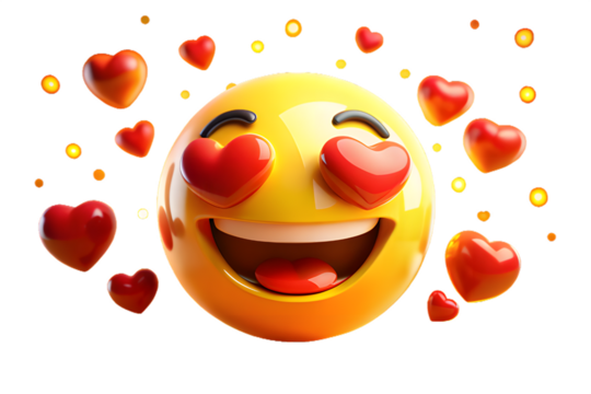 Happy yellow emoji face with heartshaped eyes and mouth, surrounded by red hearts and golden confetti, isolated on transparent background - Powered by Adobe