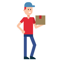 Flat vector illustration of a friendly courier man wearing a uniform holding a cardboard box isolated on a clean white background