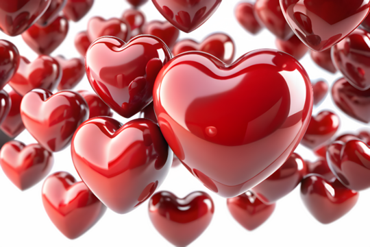 A multitude of glossy red hearts, symbolizing love and romance, fill the frame, creating a vibrant and passionate display isolated on transparent background