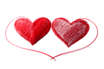 Two red hearts drawn with chalk, connected by a thin red line, isolated on transparent background