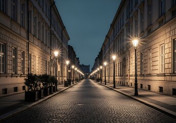 Fototapeta premium A quiet city street at night, lined with elegant buildings and illuminated by warm streetlights.