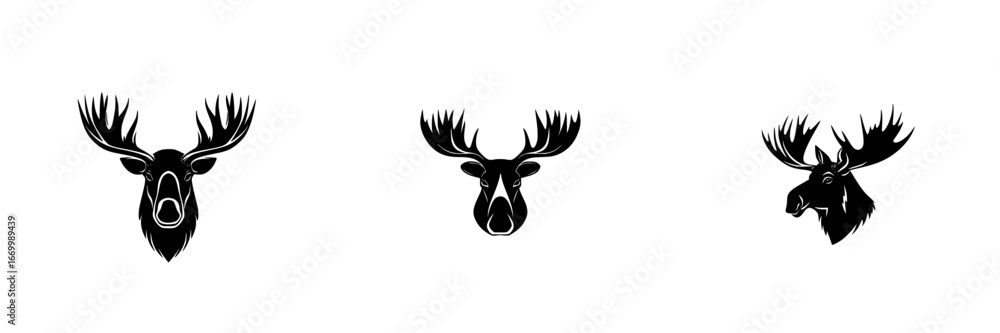 Poster three unique representations of moose heads illustrated in black with distinct angles and styles