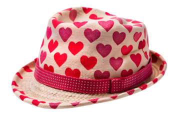 Stylish straw fedora hat adorned with a vibrant pattern of red and pink hearts, featuring a decorative red polka dot ribbon band, isolated on transparent background