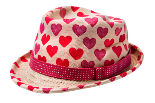 Stylish straw fedora hat adorned with a vibrant pattern of red and pink hearts, featuring a decorative red polka dot ribbon band, isolated on transparent background