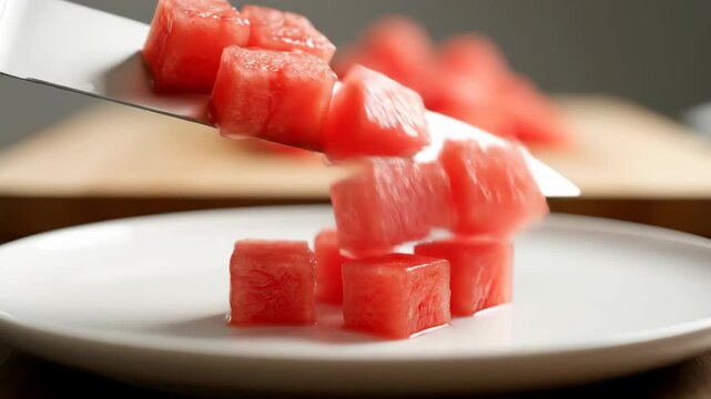 Juicy watermelon cubes slide from a knife onto a plate, catching light and motion in crisp detail