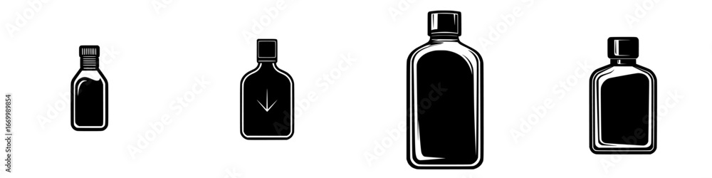 Poster different shapes and sizes of black bottles displayed in a minimalist style showcasing creativity an