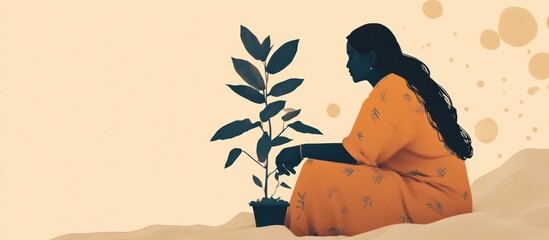 Woman in orange dress sits beside a potted plant, looking at it thoughtfully.