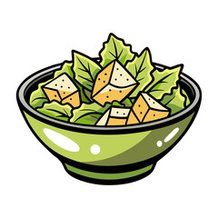 Fresh Caesar salad vector illustration with parmesan cheese, crunchy croutons, lettuce greens, healthy food design, restaurant menu decoration artwork