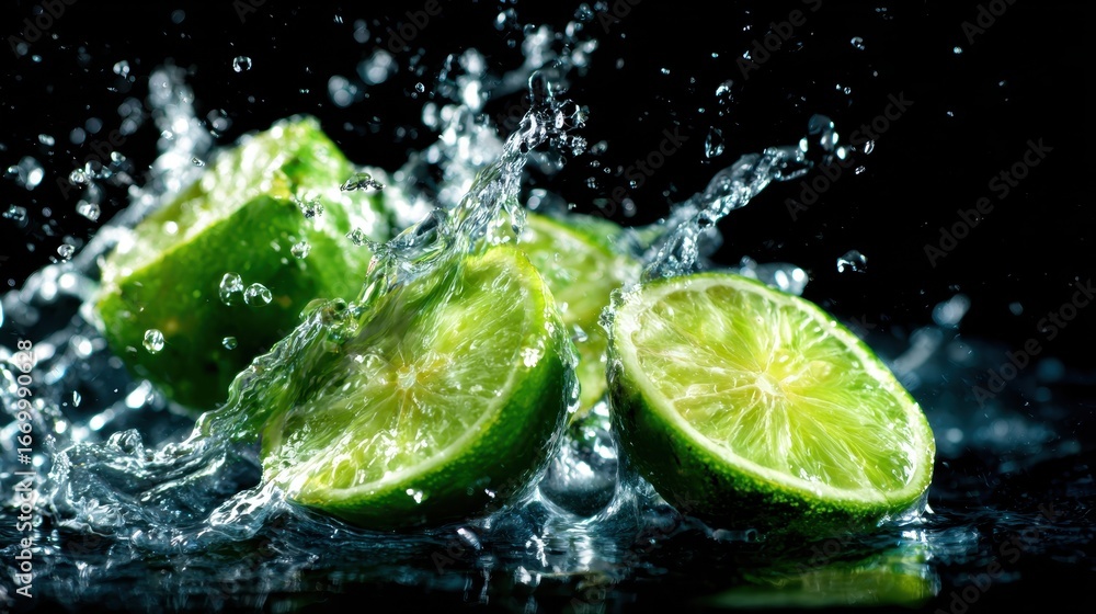 Poster juicy lime slices burst through water, creating dynamic splashes against a dark backdrop, symbolizin