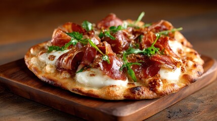 An appetizing flatbread pizza garnished with prosciutto and fresh greens, served on a wooden platter, showcasing the fusion of flavors and culinary art.