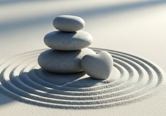 A serene arrangement of stacked stones and heart-shaped stones rests gently on a bed of sand, creating a tranquil and peaceful scene.
