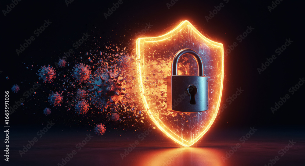 Poster cybersecurity shield protecting data from digital threats