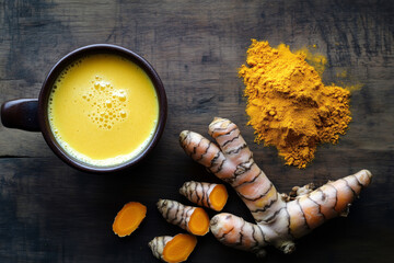 Naklejka premium A beautifully styled still life of turmeric roots, powder, and a cup of turmeric milk on a dark wooden surface.