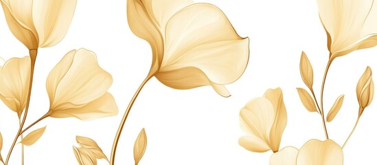 Delicate watercolor illustration of several elegant, translucent, golden-yellow flowers with stems.