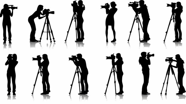 Silhouette depiction of multiple photographers with cameras and tripods in various poses and positions