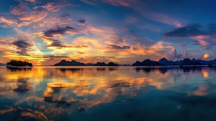 Dramatic Sunset Over Tropical Islands With Reflections
