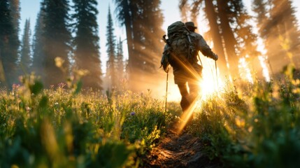 An adventurous hiker meanders through a sunlit forest, filled with golden rays piercing the trees, capturing the essence of exploration and connection with nature.