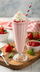 Fresh strawberry milkshake in a tall glass with whipped cream and strawberry garnish, placed on a natural background. Bright, colorful, and refreshing dessert drink photography.
