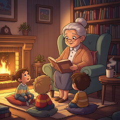 Cartoon style image of a grandmother telling stories to children around a cozy living room, symbolizing wisdom, love, and family traditions