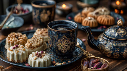 Fototapeta premium Arabic Cuisine; Eid sweets(kahk, maamoul or mamoul ,biscuits, petit four) Cookies for celebration of El-Fitr Islamic Feast Ramadan sweets. Delicious traditional biscuits and maamoul or mamoul top view